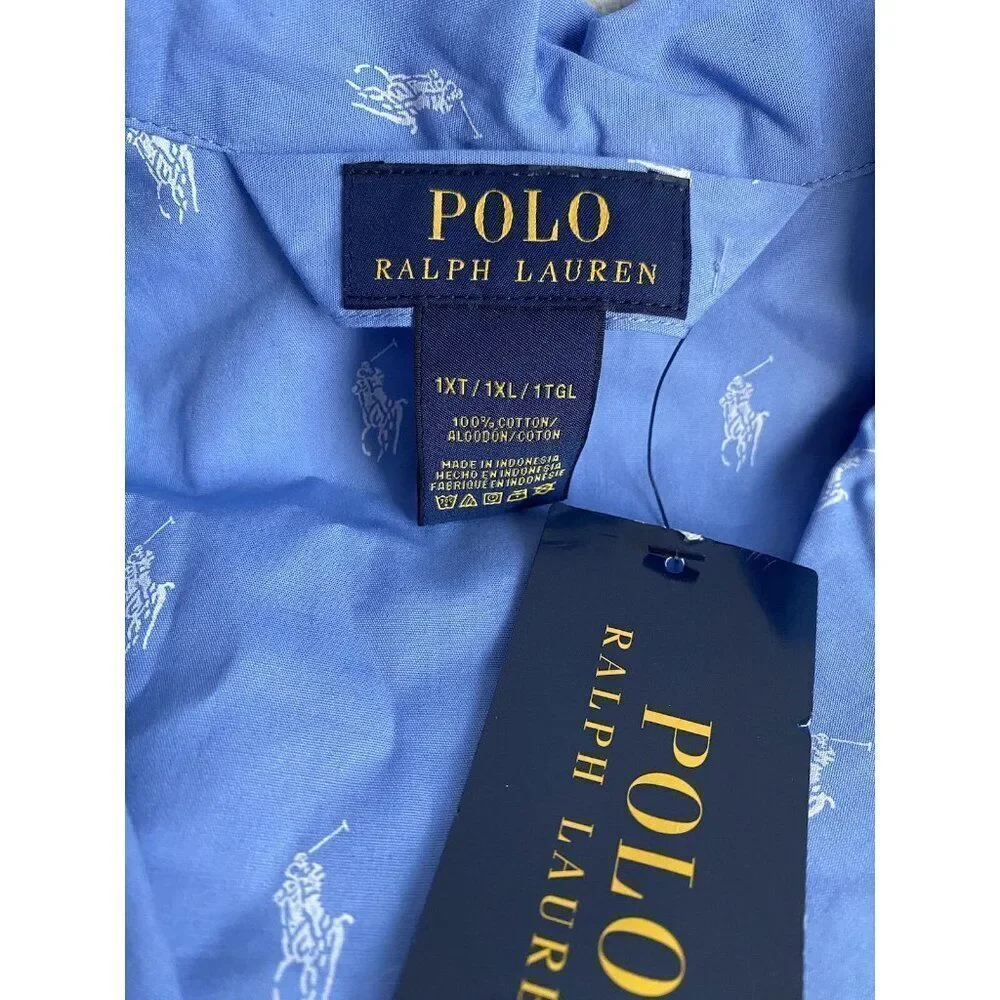 Men's Sz 1XT Tall Polo Ralph Lauren Sleep Night Shirt‎ PJ Logo Collared Blue NEW